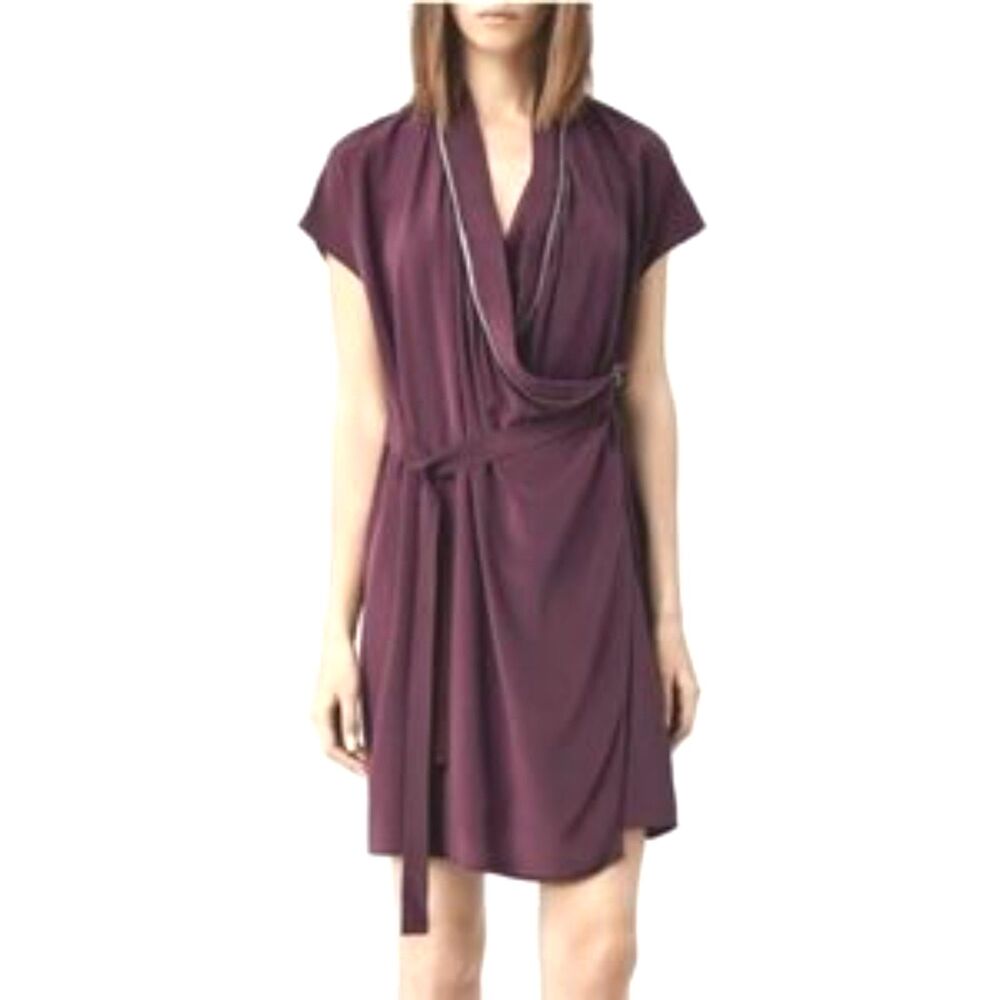 ALL SAINTS Adria Eggplant Purple Faux Wrap Dress with Zipper Detail Size 2